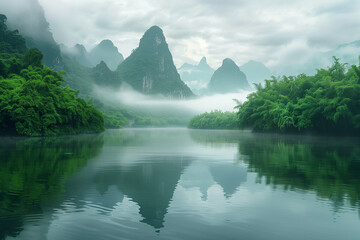 A Tranquil River Landscape Reflecting the Surrounding Misty Mountains and Lush Greenery