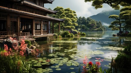 a lake with rocks and trees on the shore and a mountain in the background.