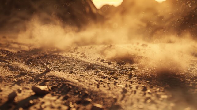 very strong wind from left side, dust from ground, close up, dust shaped light cartoon, tilted camera from ground, houdini, redshift render 
