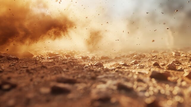 very strong wind from left side, dust from ground, close up, dust shaped light cartoon, tilted camera from ground, houdini, redshift render 