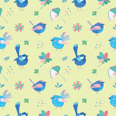 Cute seamless pattern with birds and floral. Birds vector illustration. Perfect for baby prints, home textiles, fabric print, greeting card design, scrapbook elements and wrapping paper design.