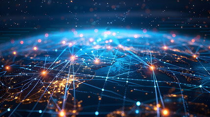 Obraz premium Global communication interconnection, with bouncing light rays connecting different regions on the Earth's sphere, communication concept,