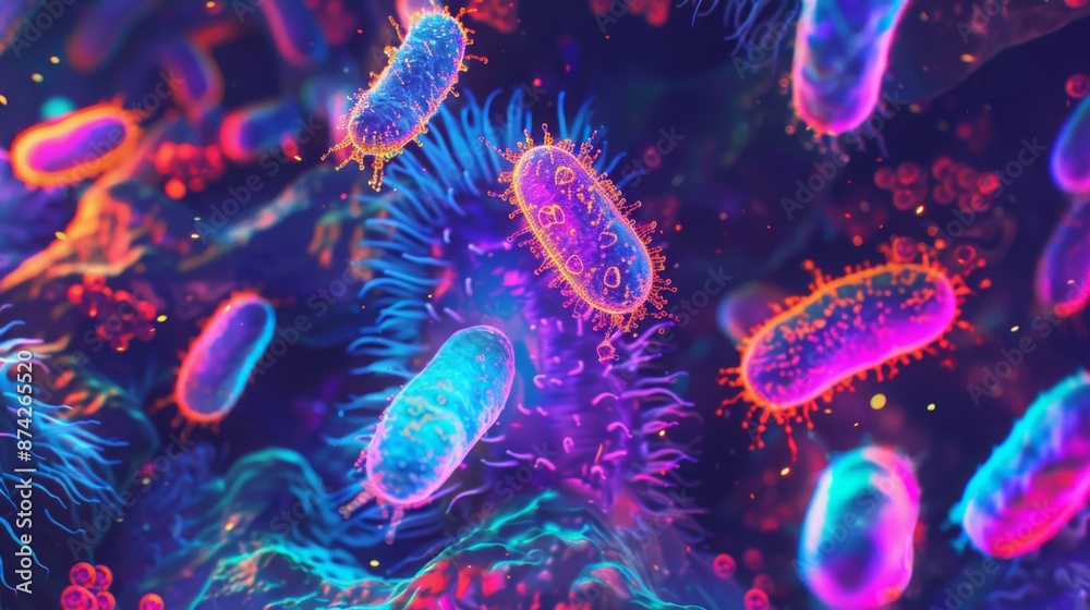 Poster a microscopic view of various bacteria, illuminated in vibrant colors, floating in a dark environmen