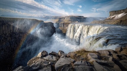 A powerful waterfall plunging into a rocky gorge, with mist rising up and rainbows forming in the spray.
