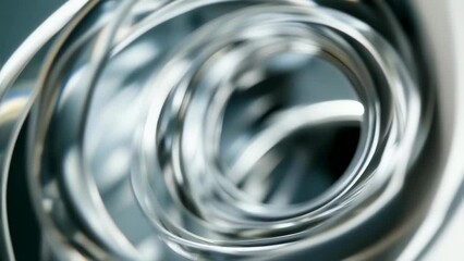 A close-up image depicting shiny metal coils, forming a mesmerizing and intricate pattern. The image captures the reflective and smooth texture of the metal in a well-lit environment.