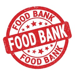 FOOD BANK text written on red round stamp sign.