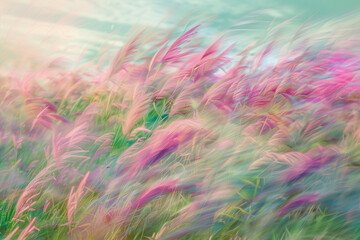 Fototapeta premium A Vibrant and Surreal Meadow of Blurred Pink and Green Grasses under a Dreamy Sky, Artistic and Ethereal Impression