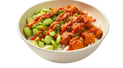 A photo of a salmon poke bowl, packed with chunks of marinated salmon, edamame, avocado, cucumber, and topped with a drizzle of sriracha sauce