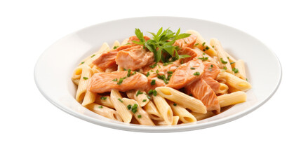A photo of a creamy salmon pasta dish, featuring penne pasta tossed in a rich salmon sauce, garnished with fresh parsley