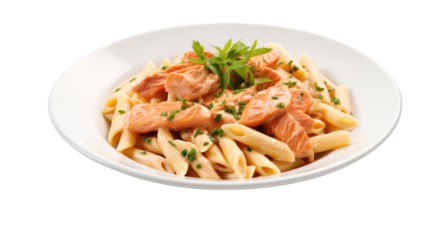A photo of a creamy salmon pasta dish, featuring penne pasta tossed in a rich salmon sauce, garnished with fresh parsley