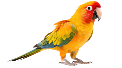 A mesmerizing sun conure parrot with its vibrant red, yellow, and blue plumage, its playful energy captured in a dynamic pose,