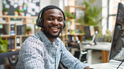 Obraz premium Happy young male customer support executive working in office.