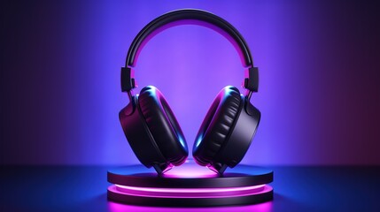 3d illustration of black headphones on circle podium. on purple isolated background on whiteneon lights. Headphone icon illustration