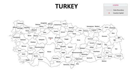 Turkey Map. State and State map of Turkey. Administrative map of Turkey with States and boundaries in white color. Turkey map with neighbouring countries' names.