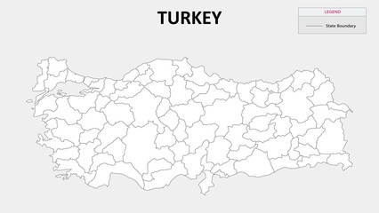 Turkey Map. State and State map of Turkey. Administrative map of Turkey with States and boundaries in white color. Turkey map with neighbouring countries' names.