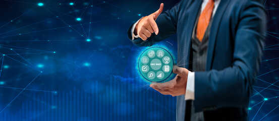 A businessman creates a checklist for ISO 27001, ISO 14001, and ISO 9001 standards, focusing on Information Security Management System (ISMS), Environmental Management System (EMS), and Quality Manage