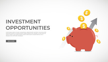 Investment and finance growth business concept.  piggy bank with falling coins on arrow background. vector illustration. Poster banner design