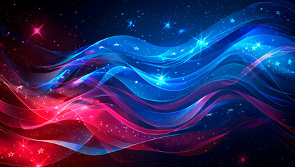 Vibrant abstract background featuring dynamic red and blue waves with glowing stars, creating a sense of energy and movement. Perfect for themes of celebration, patriotism, and festivity. Ai Image.