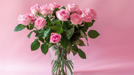 Fototapeta premium A beautiful bouquet of pink roses elegantly arranged in a vase on a pastel pink background table, perfect for birthday, wedding, Mother's Day, Valentine's Day, or Women's Day celebrations. 