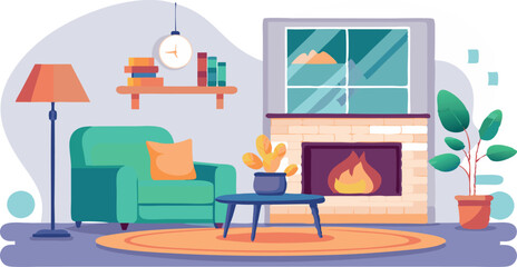 Fototapeta premium A living room with a green chair, a table, a fireplace, and a potted plant