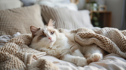 A Ragdoll cat reclines on a comfortable bed in a minimalist bedroom, enveloped by soft pillows and blankets. The serene, neutral-toned setting enhances the cat's relaxed posture and peaceful atmospher