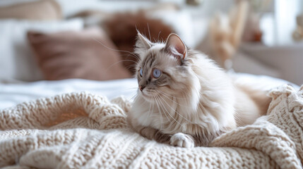 In a minimalist bedroom, a Ragdoll cat rests comfortably on a cozy bed adorned with soft pillows and blankets. Its calm posture and calming neutral shades establish a tranquil atmosphere.





