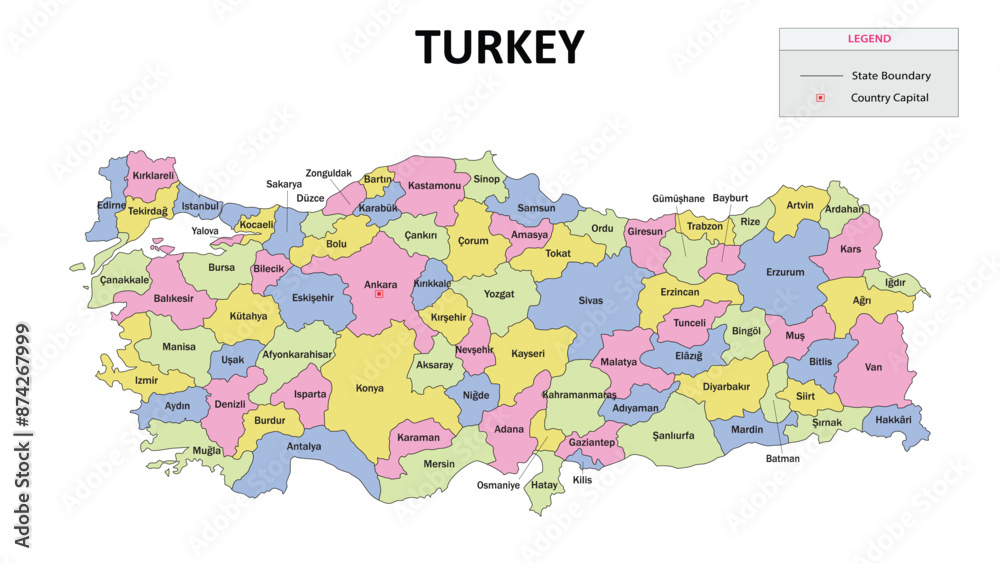 Wall mural Turkey Map. State map of Turkey. State map of Turkey in colour with capital.