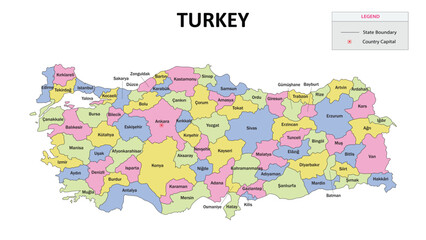 Fototapeta premium Turkey Map. State map of Turkey. State map of Turkey in colour with capital.