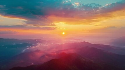 Fototapeta premium Landscape mountains nature view from Drone camera in sunset or sunrise sky background