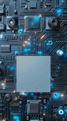 Fototapeta premium A light blue-grey intelligent metal panel, with technical themed circuit lines on the panel, some circuits emitting blue light, and a chip in the middle