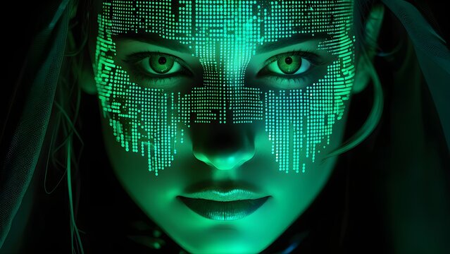 Future warrior in cyberpunk style with glowing green matrix face on dark background. Generative AI