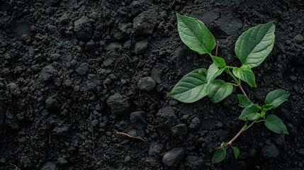 Naklejka premium Top view of Green leaves on fresh black soil with mulch for gardening, black land, Concept of global pollution, World Soil Day and Environment conservation