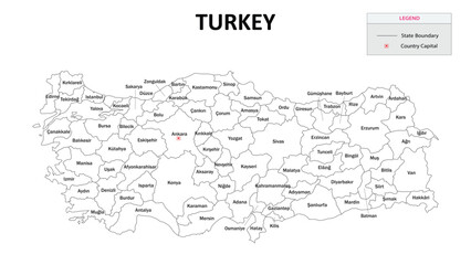 Turkey Map. State and State map of Turkey. Administrative map of Turkey with States and boundaries in white color.
