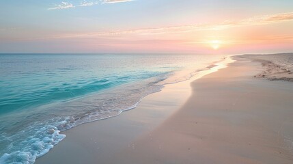 A pristine beach with fine sand and clear blue waters, the sunrise casting a gentle pink hue across the sky.