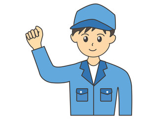 拳を握りしめ笑顔でガッツポーズする帽子をかぶった作業服の男性作業員のイラスト