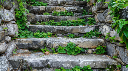 Stone Staircase with Vibrant Green Plants