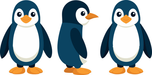 Fototapeta premium Three penguins are shown in different poses, with one standing upright