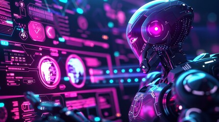 Fototapeta premium A futuristic robot with glowing purple eyes, interacting with a digital interface.
