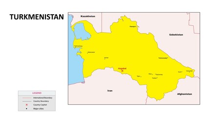 Turkmenistan Map. Major cities in Turkmenistan. Political map of Turkmenistan with border and neighbouring countries.