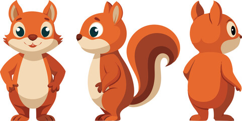 A cartoon squirrel is shown in three different poses