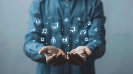 SCM, Supply Chain Management concept. Person holding supply chain icon on virtual screen. Logistics and transport, organizing and controlling resources to meet the needs of customers' design