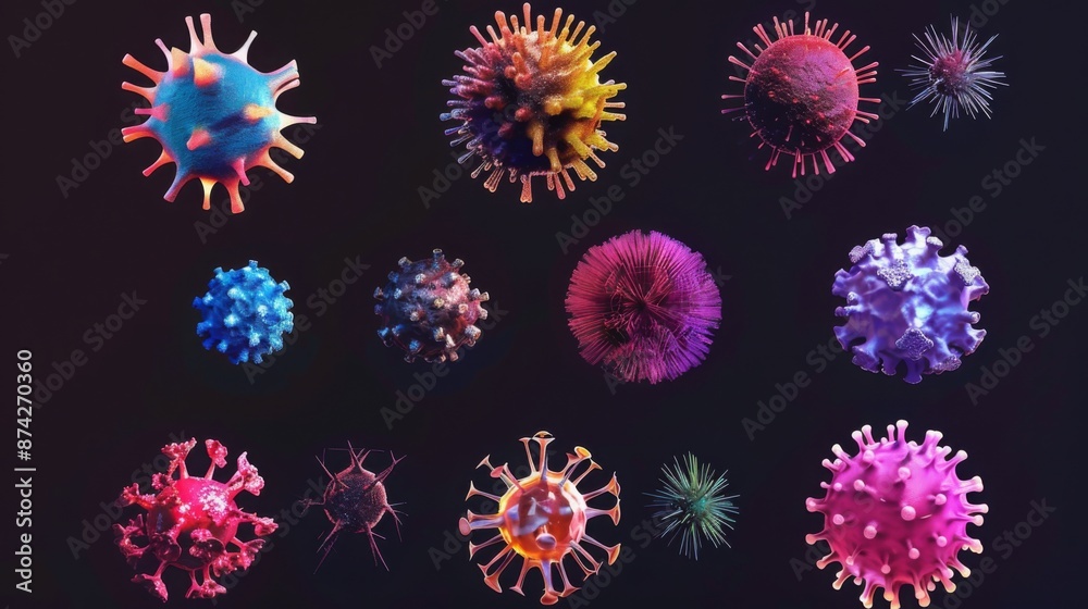 Aufkleber An illustration of various colorful viruses, some with spikes and others with a more rounded shape, all against a black background.