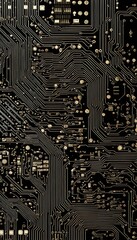 Close up of a black high tech circuit board background illustration. AI generated.