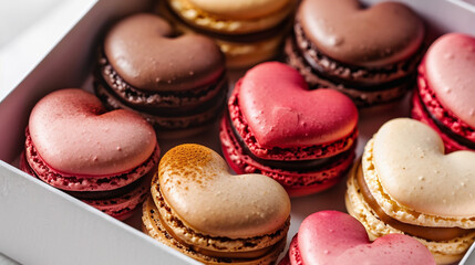 Fototapeta premium Heart-shaped macaroons in a box on a white background, showcasing delicious French pastries perfect for celebrations like weddings, valentines, and romantic occasions.