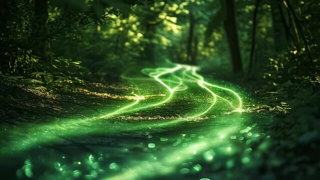 Bright glowing light trails meander through a lush, green forest pathway at dawn. The serene and magical ambiance is enhanced by the dappled sunlight filtering through the dense trees.