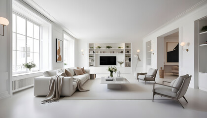 Fototapeta premium Frame mockup Living room wall poster | mockup Modern interior design. Living room Interior mockup with house background. ISO A paper size. Wooden and white open space office interior with white wall.