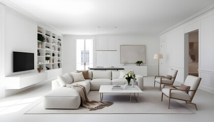 Fototapeta premium Frame mockup Living room wall poster | mockup Modern interior design. Living room Interior mockup with house background. ISO A paper size. Wooden and white open space office interior with white wall.