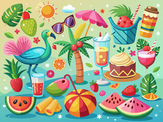 Illuminated poster in summer. Collection of scrapbook items for the beach party.
