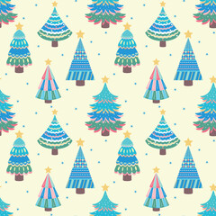 Seamless pattern for Christmas holiday with cartoon Christmas trees. Yellow background. Perfect for clothing, apparel, home textile, fabric print, Christmas cards, wallpaper and wrapping paper design.