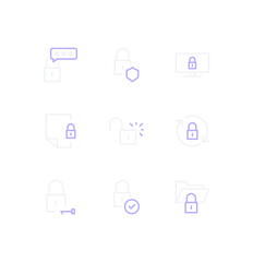Set of locks and related icons, locked folder, locked phone, change password, cloud, file and linear variety vectors.	
